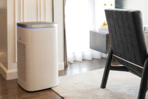 V purifiers Florida's space coast: Shows a modern air purifier in a bright, clean living room beside a black chair and small table.