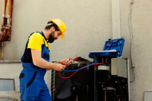 A Brevard County HVAC contractor checking and maintaining a unit.